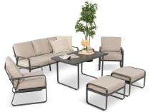 Zestaw metalowych mebli ogrodowych - sofa, 2 fotele, pufy i stół 120cm Ater Dining - Beige