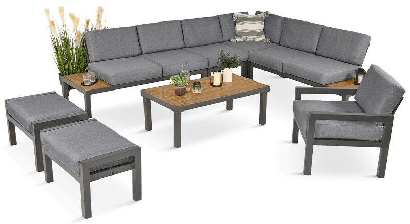 Zestaw Calamba z narożnikiem, fotelem, pufami oraz stolikiem