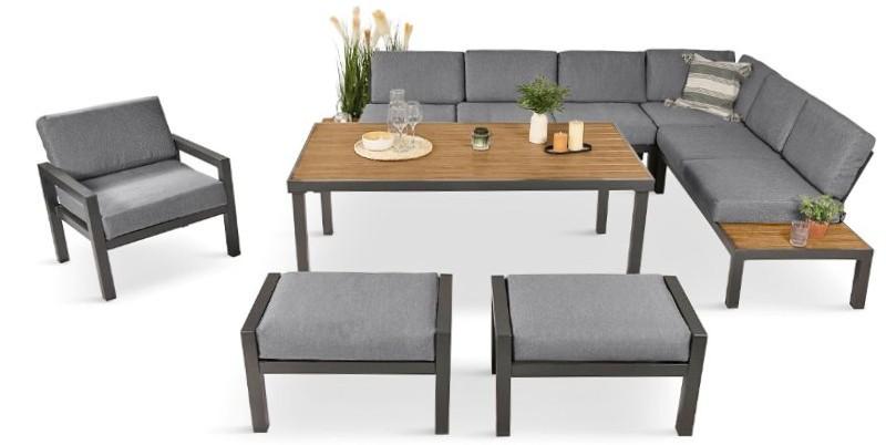 Komplet mebli Calamba z narożnikiem, fotelem oraz pufami