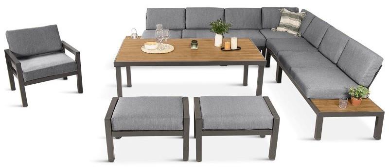 Komplet mebli Calamba z narożikiem, stołem, pufami i fotelem