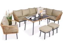 Nowoczesny beżowy narożnik ogrodowy 8 osób z fotelem, pufami i stołem 120cm Postigo Corner XL Nature