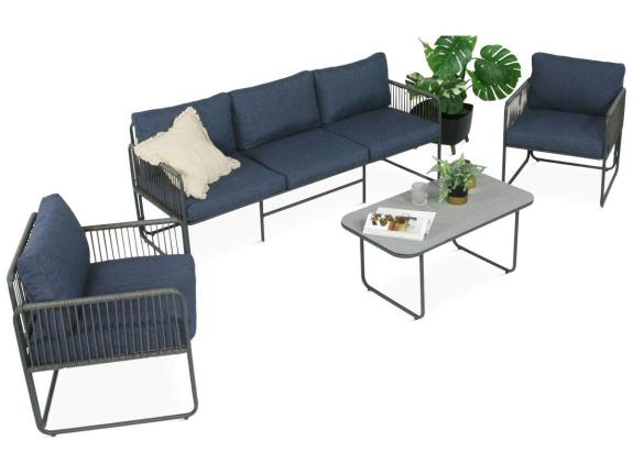 Set de mobilier de terasă Rope Style albastru gri cu canapea de 176 cm și două fotolii Kibi