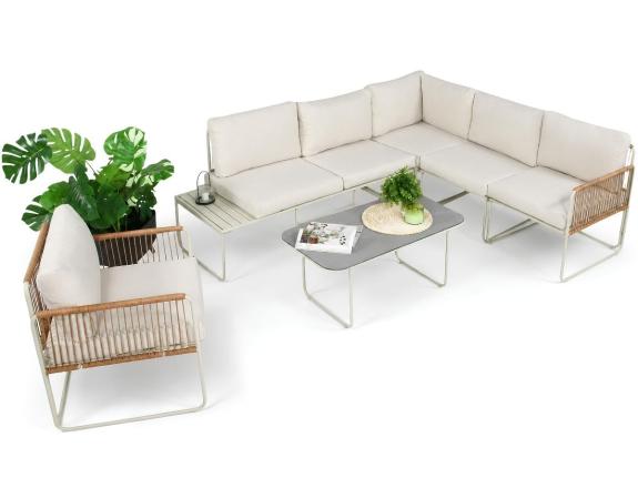 Set mobilier grădină boho, ușor, cu fotoliu Kibi Corner - Crem
