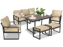 Zestaw mebli tarasowych - sofa 175cm, 2 fotele, 2 pufy, stolik szklany blat - Panaon Elite Plus Beige