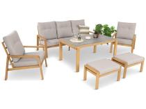 Komplet mebli na taras z sofą, dwoma fotelami i pufami - imitacja drewna - Tavaro Dining Wood