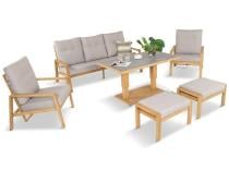 Komplet mebli ogrodowych z sofą, regulowanymi fotelami i pufami - drewniany - Tavaro Dining Plus Wood