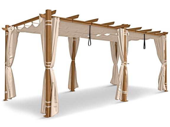 Hliníková pergola s posuvnou látkovou střechou a závěsy Kirn 3x5,5 - krémové dřevo