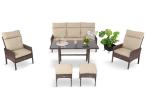Meble ogrodowe z sofą 175cm, wysokim stołem, fotelami i pufami Lirata Dining Brown