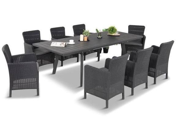 Nábytek na terasu Kantara Comfort 8 křesel se skládacím jídelním stolem 160-240 cm