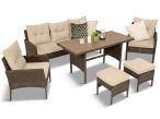 Meble ogrodowe z sofą 175cm, wysokim stołem polywood, fotelami i pufami Perata Dining Brown