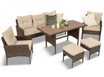 Meble ogrodowe z sofą 175cm, wysokim stołem polywood, fotelami i pufami Perata Dining Brown