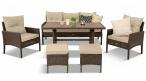 Meble ogrodowe z sofą 175cm, wysokim stołem polywood, fotelami i pufami Perata Dining Brown