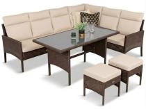 Narożnik technorattan z wysokim oparciem 8 miejsc ze stołem obiadowym Lirata Corner Brown