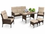 Brązowe meble ogrodowe z sofą 175cm, wysokim stołem polywood, fotelami i pufami Lirata Dining