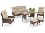 Brązowe meble ogrodowe z sofą 175cm, wysokim stołem polywood, fotelami i pufami Lirata Dining