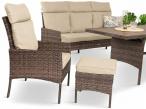 Brązowe neble ogrodowe z sofą 175cm, wysokim stołem polywood, fotelami i pufami Lirata Dining