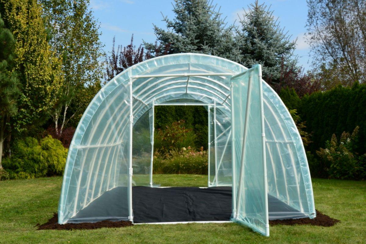 długi tunel ogrodowy z PCV biały stabilny z drzwiami