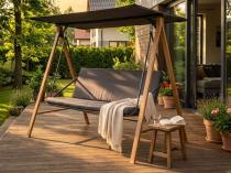 Huśtawka ogrodowa trzyosobowa Fira z parasolem imitacja drewna - Grey