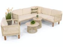 Aluminiowy narożnik z plecionką z dwoma stolikami premium - Rivia Cream