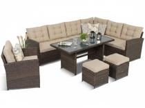 Zestaw technorattanowy na taras narożnik z fotelem, pufami i stół Cofete Brown