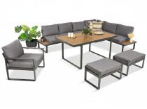 Metalowy narożnik ogrodowy 280x220cm ze stołem obiadowym i fotelem Panaon Grey Teak