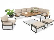 Nowoczesny narożnik ogrodowy z fotelem i stołem 160cm Panaon Corner XL Light Beige Teak