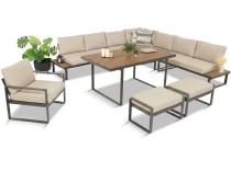 Duży komplet mebli na taras z narożnikiem, fotelem i pufami Panaon Corner XXL Light Beige Teak