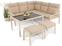 Meble jasne tarasowe metalowe - narożnik 184x184cm, pufy i stół 120cm - Doros Corner - Cream