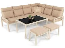 Jasny narożnik tarasowy ze stolikiem 120cm i pufami - Doros Corner XL - Cream