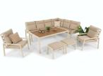 Duży narożnik ogrodowy wysokie oparcia z fotelami, pufami i stołem obiadowym 160cm Doros Corner XL - Polywood Cream
