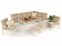 Duży narożnik na taras ze stołem obiadowym fotelami i pufami Doros Corner XXL - Polywood Cream