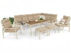Zestaw mebli tarasowych z narożnikiem, stołem obiadowym 2 fotelami i 2 pufami - Doros Corner XXL - Polywood Cream
