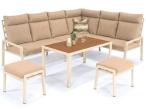 Jasny narożnik tarasowy ze stolikiem z blatem imitacja drewna 120cm i pufami - Doros Corner XL - Cream