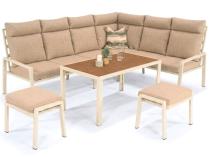 Jasny narożnik tarasowy ze stolikiem z blatem imitacja drewna 120cm i pufami - Doros Corner XL - Cream