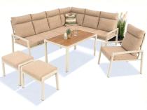 Zestaw mebli ogrodowych z narożnikiem modułowym, fotelem i pufami - Doros Corner XL - Polywood Cream