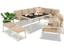 Nowoczesny narożnik ogrodowy z fotelami, pufami i stołem obiadowym 160cm Sodor Corner XL - Cream