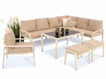 Zestaw jasnych mebli ogrodowych z narożnikiem modułowym, fotelem i pufami - Sodor Corner XL Cream