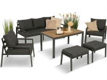 Grafitowy zestaw mebli metalowych na taras Sodor Dining + pufy - Dark Grey Polywood
