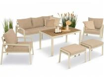 Kremowy komplet ogrodowy metalowy z sofą 175cm, fotelami i pufami - Sodor Max + pufy - Cream Polywood