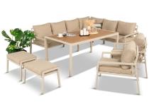 Nowoczesny narożnik ogrodowy z fotelami, pufami i stołem obiadowym 160cm Sodor Corner XL - Cream Polywood
