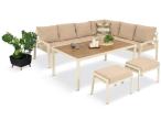 Kremowy narożnik na taras, stół 160cm i 2 pufy - Sodor Corner XL - Cream Polywood