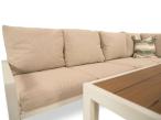 Jasny zestaw mebli tarasowych z narożnikiem, stołem obiadowym 2 fotelami i 2 pufami - Sodor Corner XXL - Cream Polywood