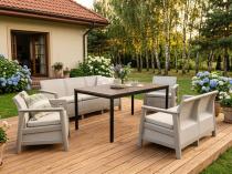 Beżowe meble na taras Scali Combo na 7 osób, stół obiadowy 156cm blat imitacja drewna