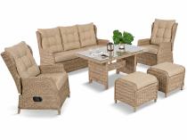 Meble technorattanowe z sofą 178cm, 2 fotelami z regulacją, 2 pufami i stołem obiadowym Fiorento - Beige
