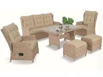 Meble technorattanowe z sofą 178cm, 2 fotelami z regulacją, 2 pufami i stołem obiadowym Fiorento - Beige