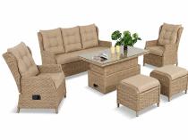 Meble technorattanowe z sofą 178cm, 2 fotelami z regulacją, 2 pufami i stołem podnoszonym Fiorento Dining - Beige