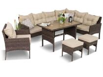 Narożnik ogrodowy z fotelem z technorattanu ze stołem polywood - Perata Corner Brown