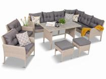 Narożnik technorattanowy Perata Corner Light Grey + 2 fotele ze stołem Polywood