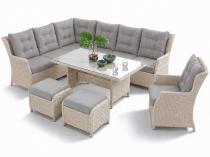 Narożnik ogrodowy premium z fotelem, dużym stołem i 2 pufami, komplet dla 9 osób - Fiorento Grey