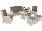 Meble technorattanowe z sofą 178cm, 2 fotelami, 2 pufami i stołem obiadowym z blatem polywood Fiorento - Grey
